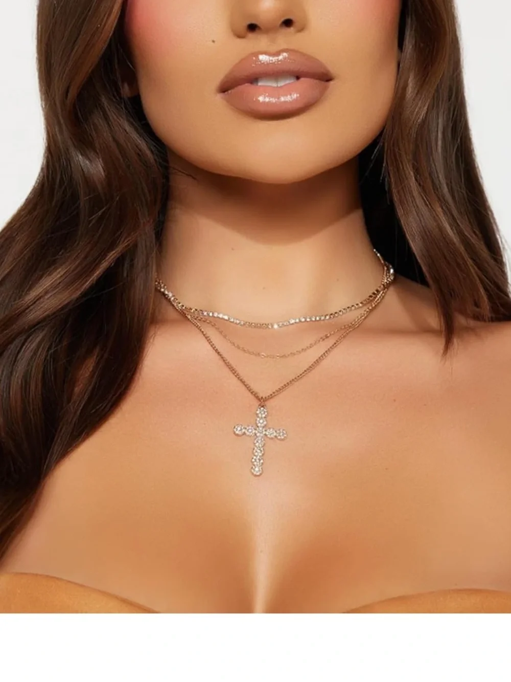 Layered Gold Rhinestone Cross Pendant Necklace Cable Chain Charm Jewelry
